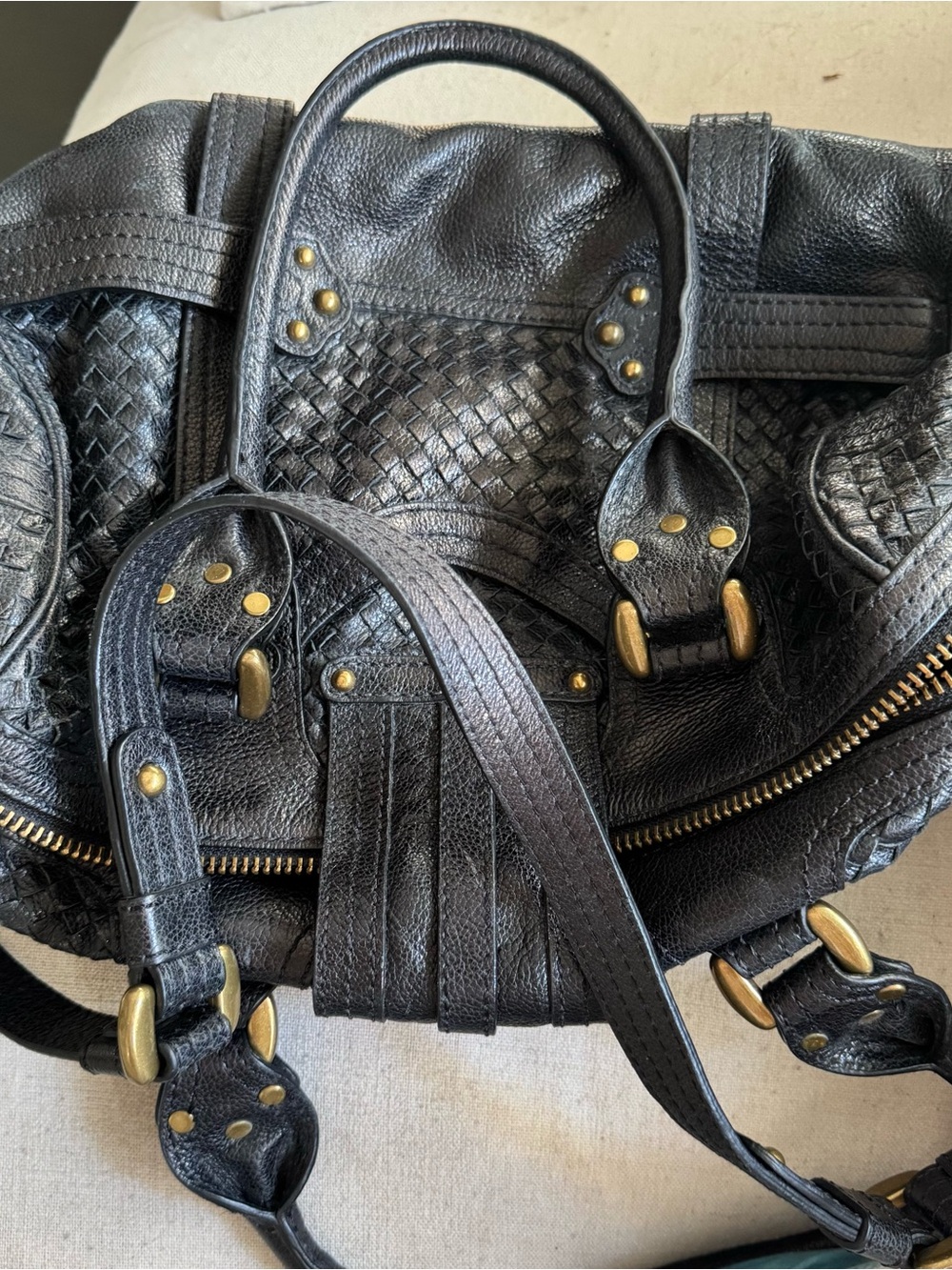 Lockheart Black Leather Braided Studded Satchel Handbag - Picture 3 of 9